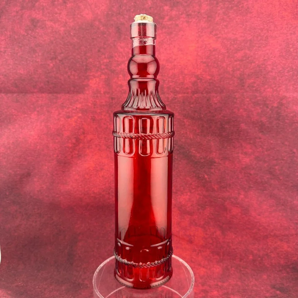 DECORATIVE RED GLASS VINTAGE BOTTLE WITH CORK EMBOSSED ROPE DESIGN 12